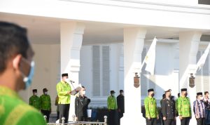 Bupati Sergai Darma Wijaya memberikan sambutan dalam upacara Hari Jadi Kabupaten Serdang Bedagai ke-18 di halaman Kantor Bupati yang baru.(Photo : AR.Manik/Mitanews.co.id )
