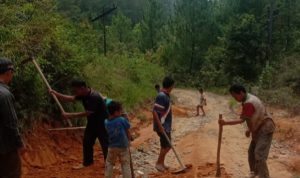Warga desa Barnangkoling saat sibuk bekerja dalam rangka gotongroyong guna memperbaiki jalan menuju desa mereka. Walau belum diketahui kapan pemerintah hadir untuk normalisasi hingga jalan kabupaten layak untuk sarana perbaikan ekonomi masyarakat.