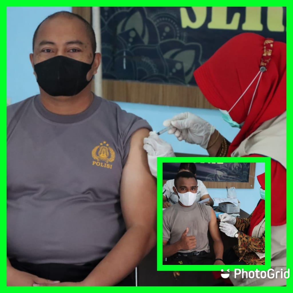 Kapolres Serdang Bedagai (Sergai) AKBP Dr Ali Machfud,S.IK,M.IK, dan anggota Polri asal Papua Barat (inzet) mendapatkan suntik vaksinasi Dosis 3 (Booster) di Gerai Vaksin Presesi Polres Serdang Bedagai.
