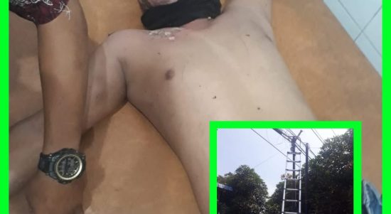 Salah satu korban yang mengalami luka bakar serius sedang menjalani perawatan medis.Tangga besi yang digunakan korban (inzet)