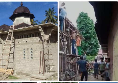 Masjid Baitu Al-Mannan Desa Subulussalam dan aksi gotongroyong masyarakat mengecor kanopi Masjid.
