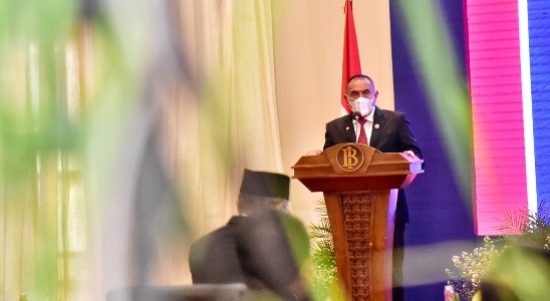 Gubernur Sumatera Utara (Sumut) Edy Rahmayadi menghadiri upacara Pengukuhan Kepala Perwakilan Bank Indonesia Provinsi Sumut Doddy Zulverdi di Kantor Perwakilan Bank Indonesia, Jalan Balaikota Medan, Jumat (18/3/2022).