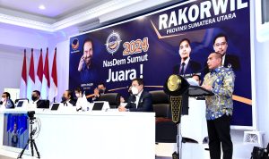 Gubernur Sumut Edy Rahmayadi menghadiri Pembukaan Rapat Koordinasi Wilayah (Rakorwil) Partai Nasdem Provinsi Sumut yang dibuka secara langsung oleh Ketua Umum Partai Nasdem Surya Paloh di Aula Kantor DPW Partai Nasdem Sumut, Jalan HM Yamin, Medan, Kamis (3/3/2022)