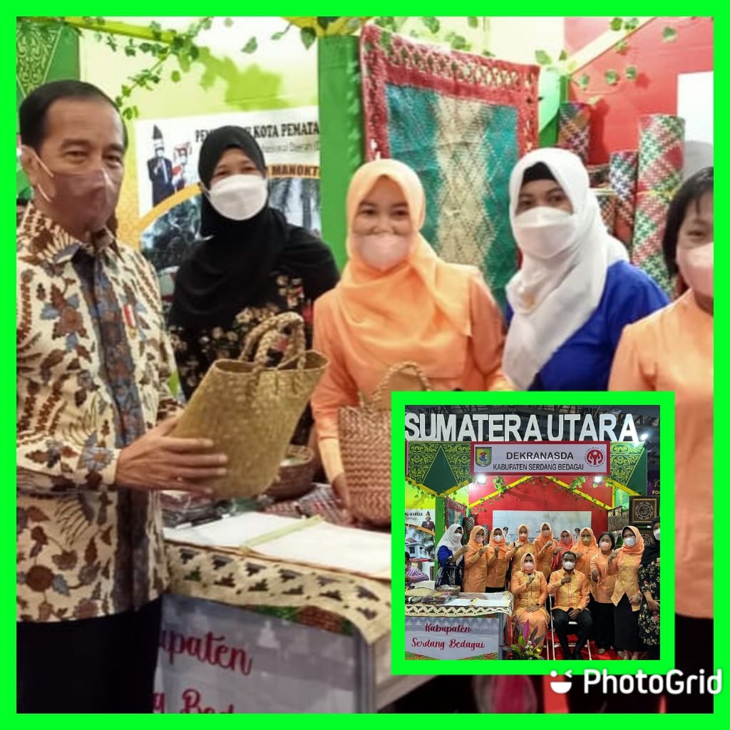 Presiden Joko Widodo saat mengunjungi stand Dekranasda Sergai sembari melihat-lihat berbagai produk andalan kerajinan UMKM Sergai, di sela-sela event Inacraft di Balai Sidang JCC.(Inzet) Bupati Sergai di stand Dekranasda.