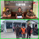 Kajari Samosir Andi Adikawira Putera,SH.,MH (tengah) didampingi Kasi Pidsus Kejari Samosir Muhammad Akbar Sirait,SH,MH dan Kasi Intel Kejari Samosir Tulus Yunus Abdi SH,MH, (kiri) memberikan keterangan pers.(atas).Tim JPU melakukan penahana terhadap tersangka MS.(bawah).