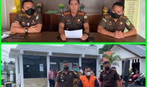 Kajari Samosir Andi Adikawira Putera,SH.,MH (tengah) didampingi Kasi Pidsus Kejari Samosir Muhammad Akbar Sirait,SH,MH dan Kasi Intel Kejari Samosir Tulus Yunus Abdi SH,MH, (kiri) memberikan keterangan pers.(atas).Tim JPU melakukan penahana terhadap tersangka MS.(bawah).