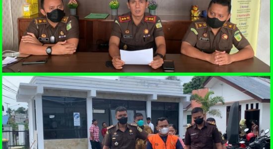 Kajari Samosir Andi Adikawira Putera,SH.,MH (tengah) didampingi Kasi Pidsus Kejari Samosir Muhammad Akbar Sirait,SH,MH dan Kasi Intel Kejari Samosir Tulus Yunus Abdi SH,MH, (kiri) memberikan keterangan pers.(atas).Tim JPU melakukan penahana terhadap tersangka MS.(bawah).