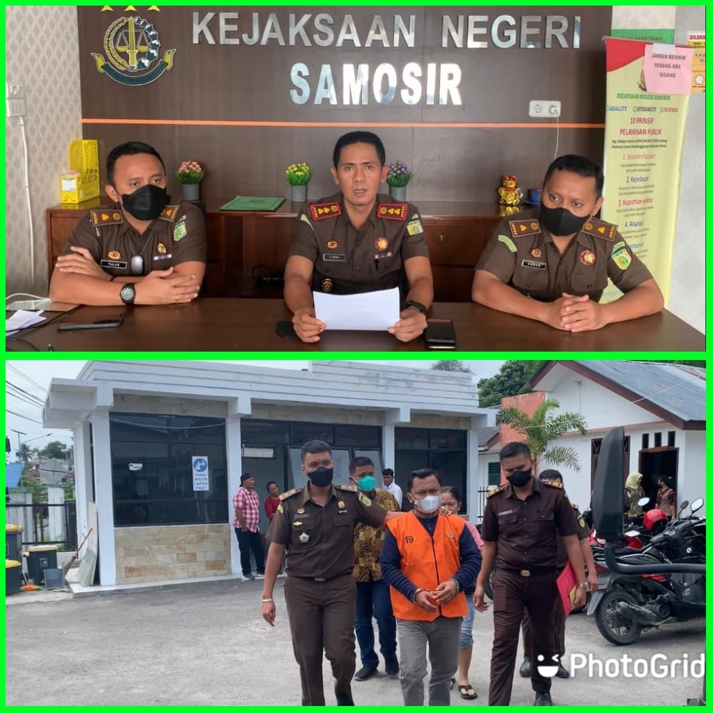Kajari Samosir Andi Adikawira Putera,SH.,MH (tengah) didampingi Kasi Pidsus Kejari Samosir Muhammad Akbar Sirait,SH,MH dan Kasi Intel Kejari Samosir Tulus Yunus Abdi SH,MH, (kiri) memberikan keterangan pers.(atas).Tim JPU melakukan penahana terhadap tersangka MS.(bawah).