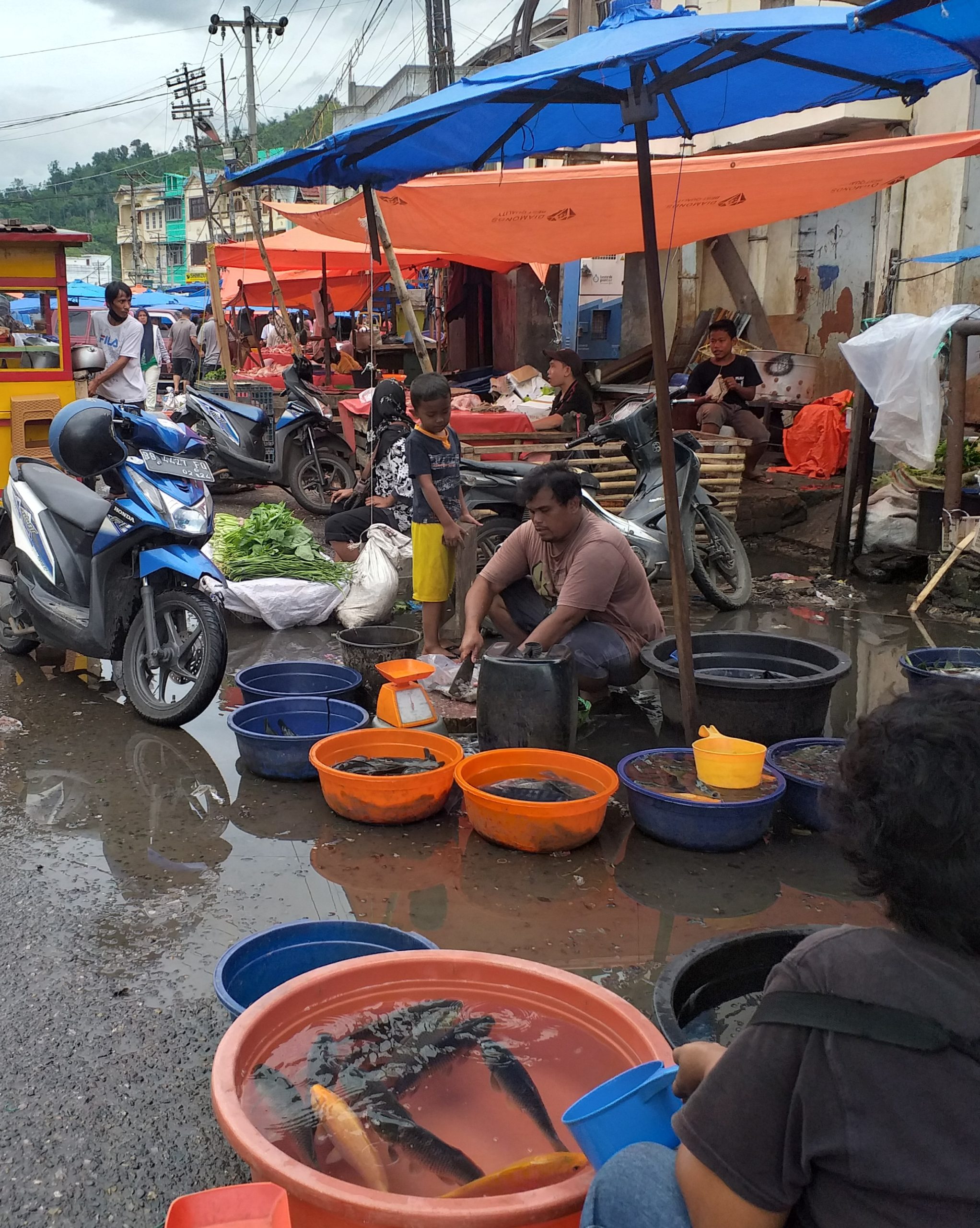 Suasana pasar tradisional di seputaran Pasar Raya Sakumpal Bonang, Kota Padangsidimpuan, termasuk pedagang ikan basah.
