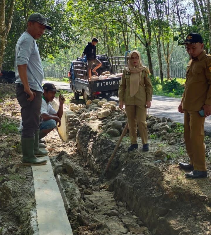 Camat Bintang Bayu Fitrianti melihat langsung perbaikan drainase yang ambruk oleh pihak rekanan.