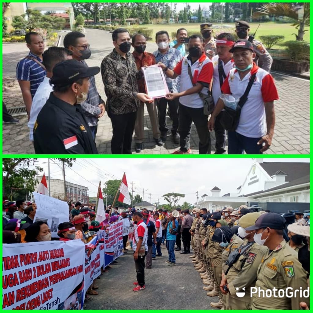 Ketua DPRD Sergai Riski Ramadhan (atas) menerima berkas yang berisi tuntutan KT RAMPAH,dan situasi aksi di Kantor Bupati (bawah).